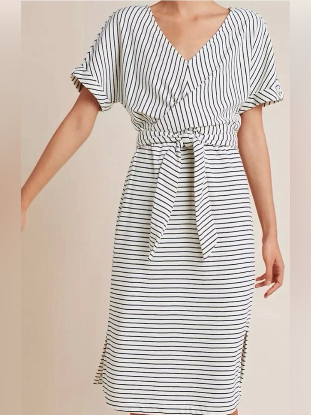 Saturday Sunday Black & White Striped V-Neck Midi Dress with Waist Tie